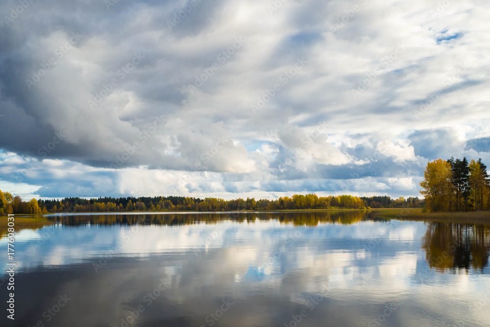 The landscape is idyllic reflection of clouds in water. Wildlife of Europe autumn.