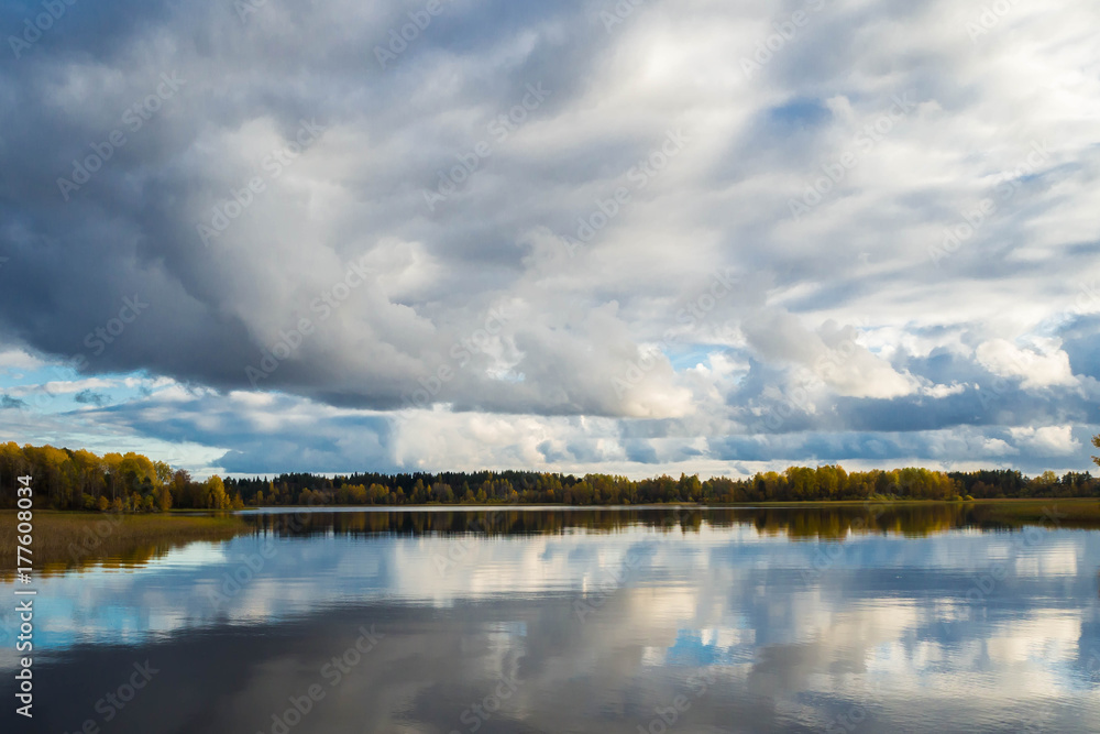 The landscape is idyllic reflection of clouds in water sometimes fall. Wildlife of Europe autumn.