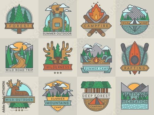 Camping outdoor tourist travel logo scout badges template emblems vector illustration set