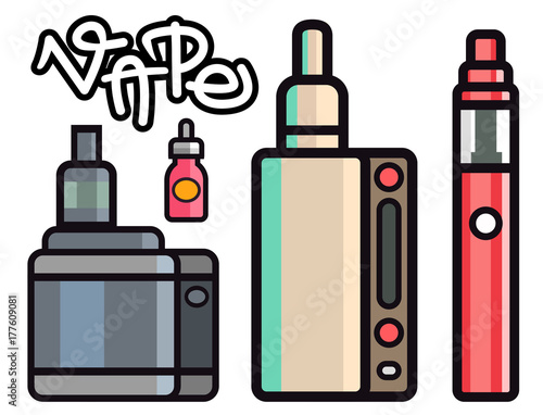 Vape device vector set cigarette vaporizer vapor juice bottle flavor illustration battery coil.