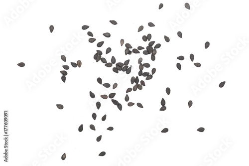 Black sesame seeds isolated on white background top view