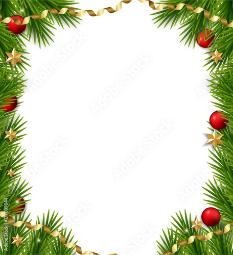 Christmas tree frame. Vector christmas template with fir branches and decorations, balls, stars, confetti 