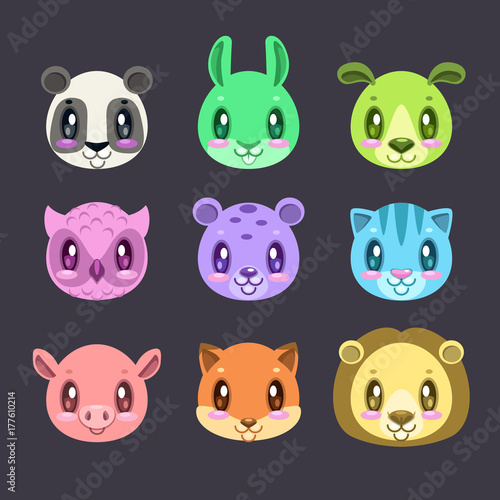 Cute cartoon colorful faces of different animals.