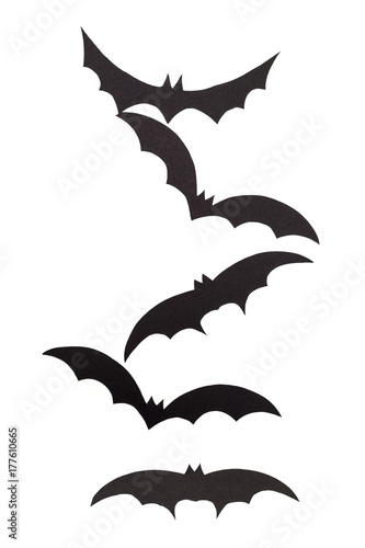 Silhouettes of volatile bats carved out of black paper are isolated on white