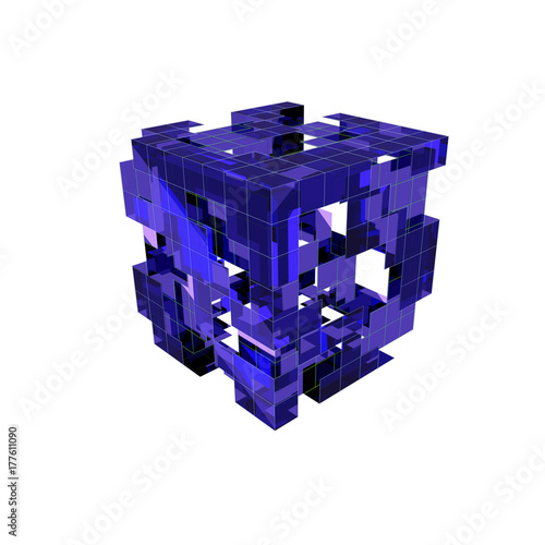 3D Quadrate Tapete - Fototapete abstract scientific object - a collapsing glass cubic matrix with reflections on the faces, isolated on white, 3d render, 3d illustration