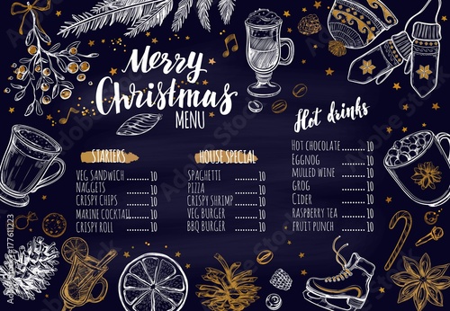 Merry Christmas festive Winter Menu on Chalkboard. Design template includes different Vector hand drawn illustrations and Brushpen Modern Calligraphy. Beverages, food and christmas elements.