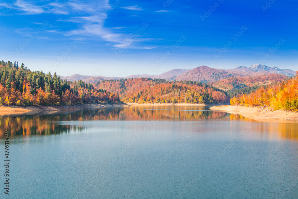      Panoramic view of Lokvarsko lake, beautiful colorful mountain autumn landscape, Lokve, Gorski kotar, Croatia 