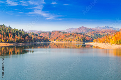  Panoramic view of Lokvarsko lake, beautiful colorful mountain autumn landscape, Lokve, Gorski kotar, Croatia 