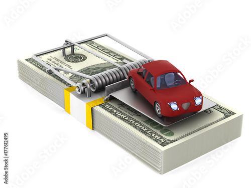 mousetrap and car on white background. Isolated 3D illustration