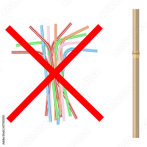 vector illustration of the refusal of disposable plastic drinking straws in favor of bamboo drinking straw