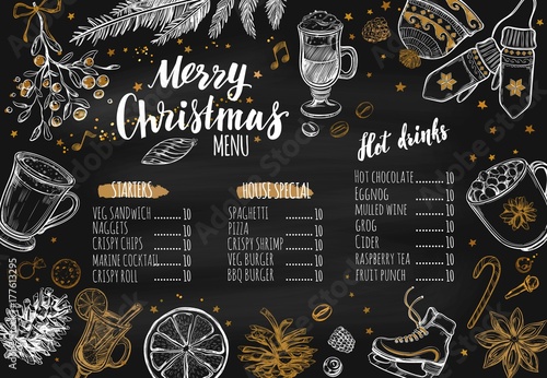 Merry Christmas festive Winter Menu on Chalkboard. Design template includes different Vector hand drawn illustrations and Brushpen Modern Calligraphy. Beverages, food and christmas elements.