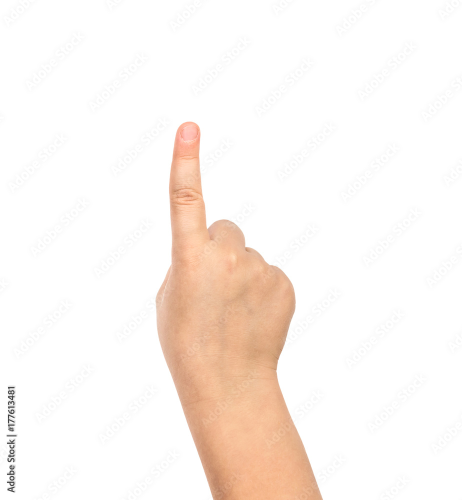 The child's hand shows the number one. Isolated on white. The child's hand shows the number one. Isolated on white.