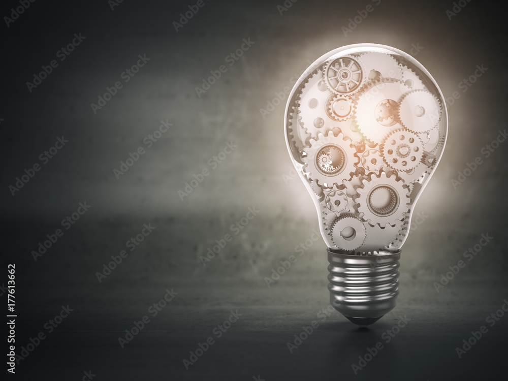 Light  bulb and gears. Perpetuum mobile. Innovation, creativity and idea concept background. - obrazy, fototapety, plakaty 