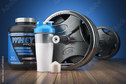 Barbell and whey protein shaker. Sports bodybuilding supplements or nutrition. Fitness or healthy lifestyle concept. photo