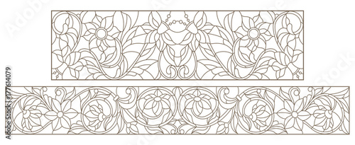 Set contour illustrations of stained glass with abstract swirls and flowers , horizontal orientation