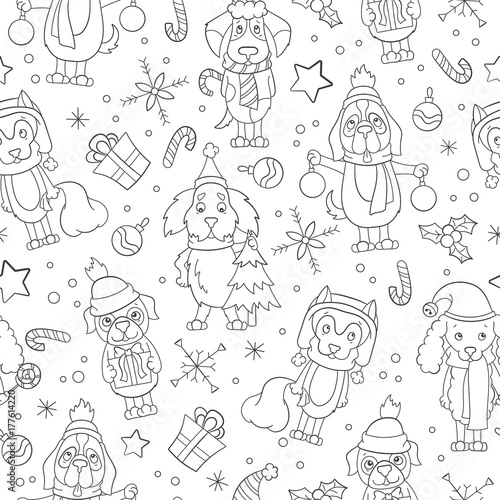 Seamless pattern on the theme of new year and Christmas, funny cartoon dogs , dark outline on a light background