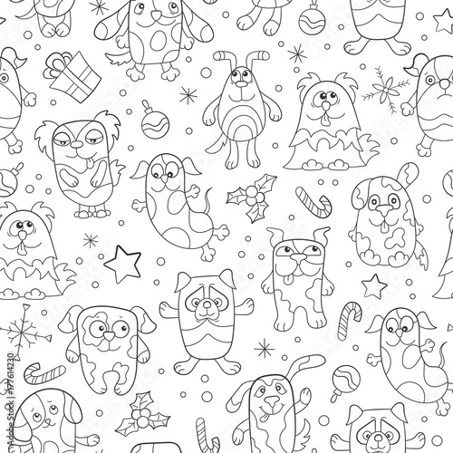 Seamless pattern on the theme of new year and Christmas  funny cartoon dogs   dark outline on a light background