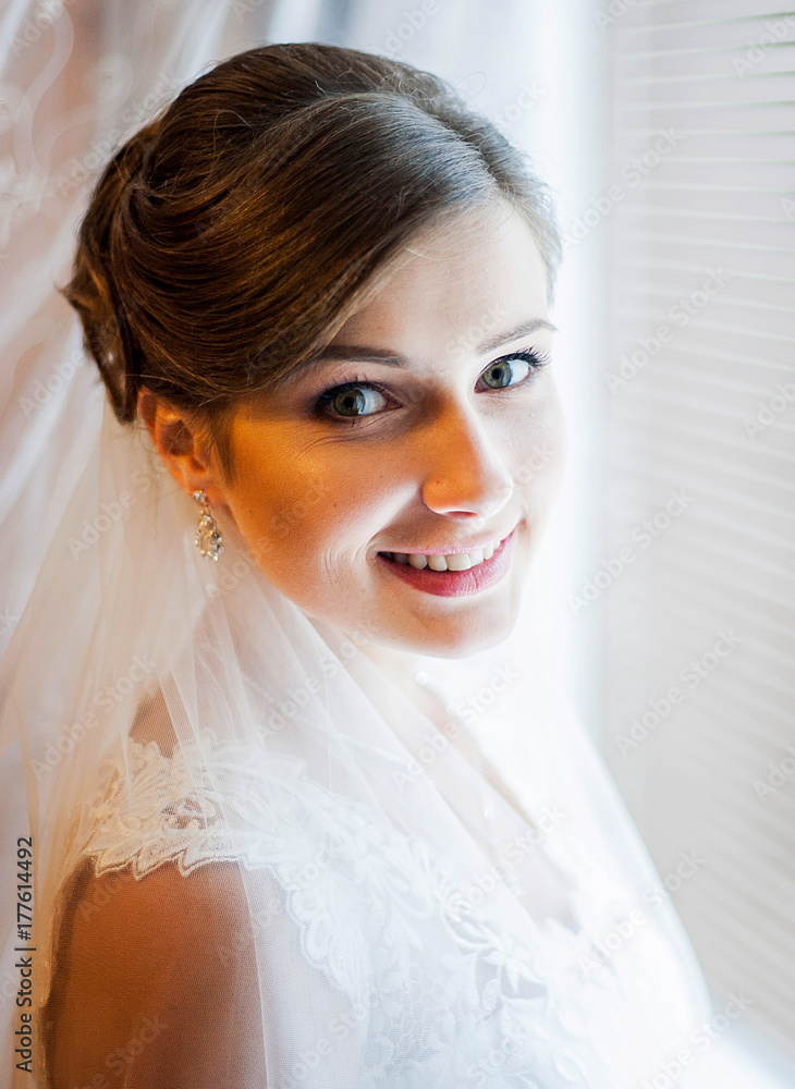 Beautiful bride with white veil posing near the window Beautiful bride with white veil posing near the window