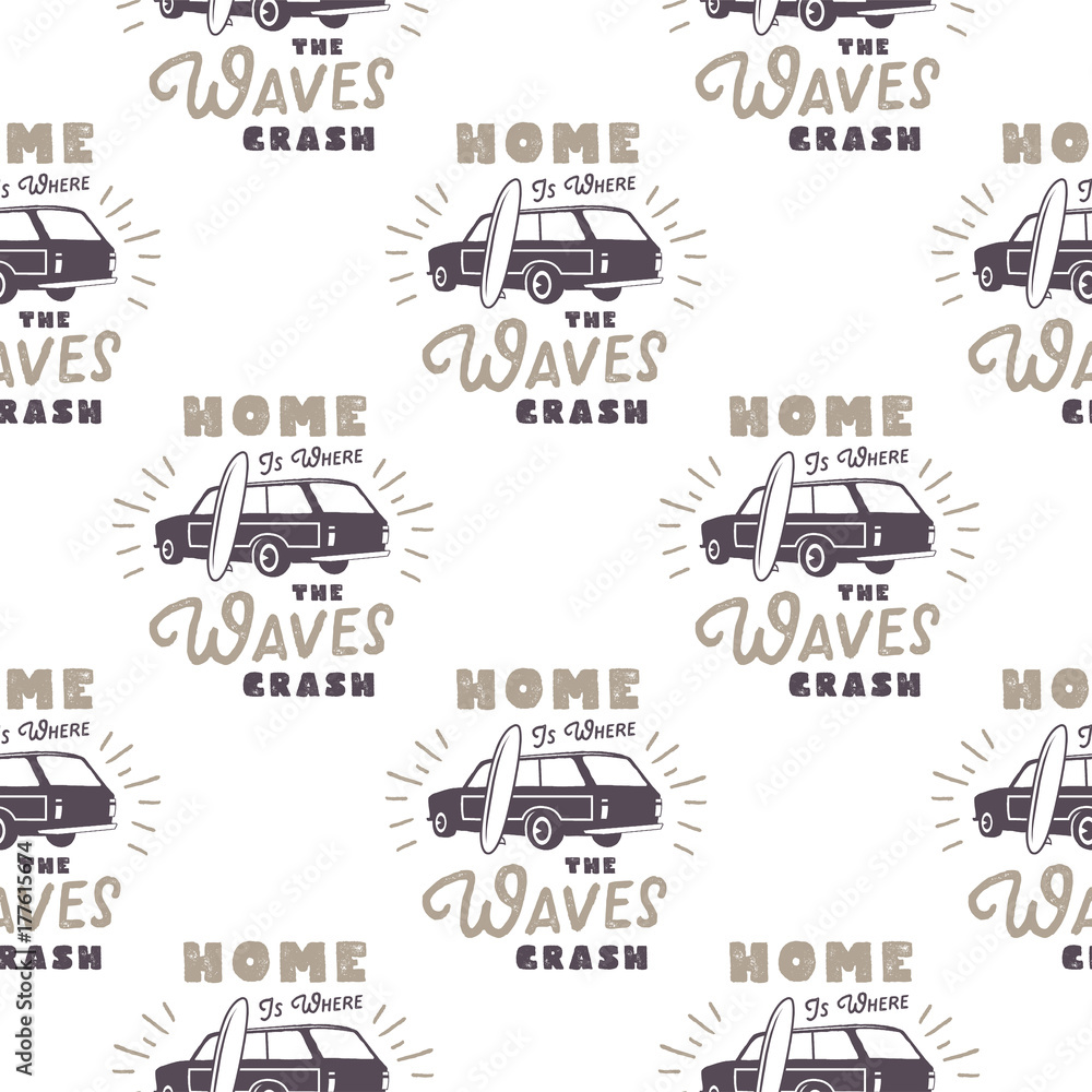 Surfing old style car pattern design. Summer seamless wallpaper with surfer van, surfboards, sunbursts. Monochrome combi car. illustration. Use for fabric printing, web projects, t-shirts.