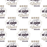 Surfing old style car pattern design. Summer seamless wallpaper with surfer van, surfboards, sunbursts. Monochrome combi car. illustration. Use for fabric printing, web projects, t-shirts.