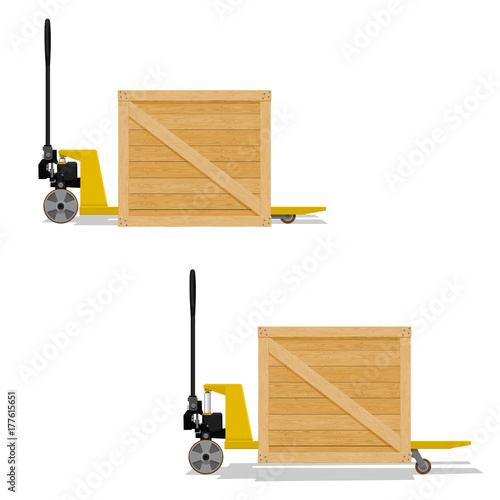 Isolated Pallet truck with with wooden crate on transparent background
