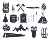 Vintage hand drawn adventure hiking, camping shapes of backpack, saw, mountain, matches, tree, knife, thermo cup and others. Retro monochrome design. Can be used for t shirts, prints. Stock 
