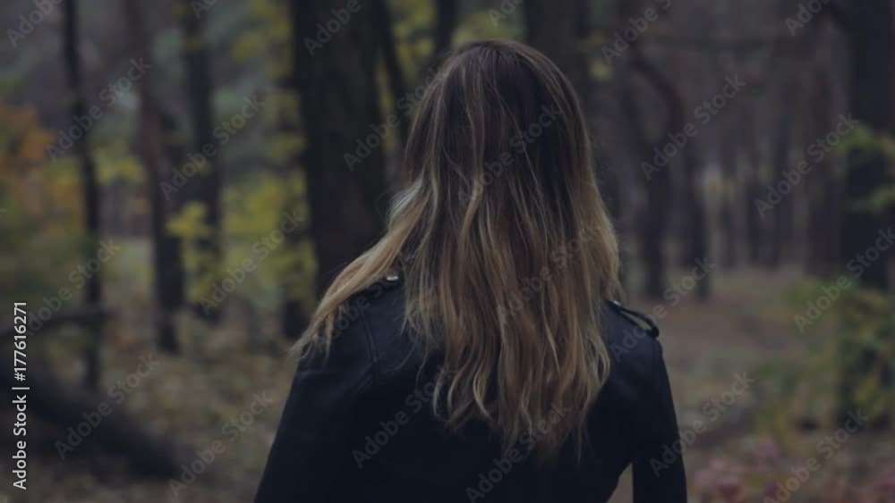 Unidentified woman going in dense pine forest, rear view Unidentified woman going in dense pine forest, rear view