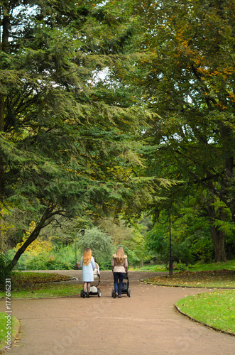 Obraz na płótnie Two happy mothers with their baby strollers walking together in park. Motherhood w salonie