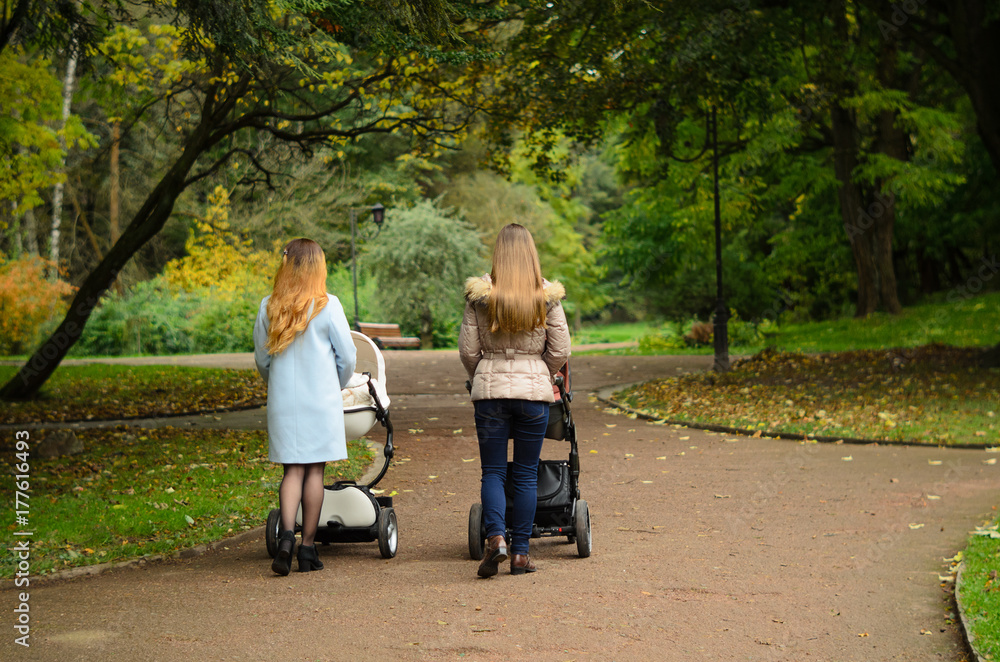Two happy mothers with their baby strollers walking together in park. Motherhood