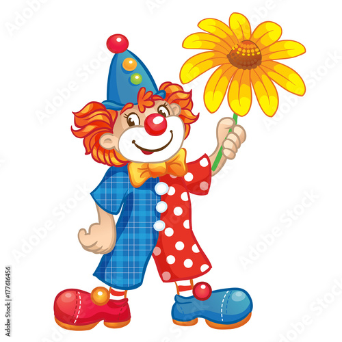 Cartoon Clown with yellow flower. Isolated on a white background. Vector Illustration.