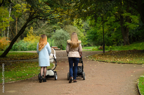 Obraz na płótnie Two happy mothers with their baby strollers walking together in park. Motherhood w salonie