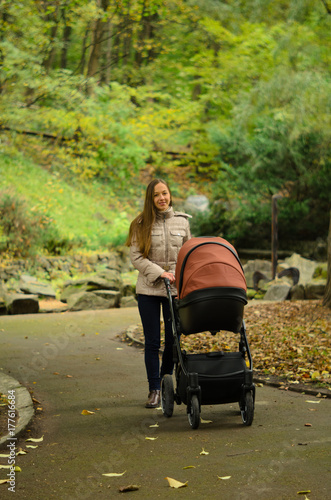 Obraz na płótnie Family, child and motherhood concept - happy mother walking with baby stroller in park w salonie