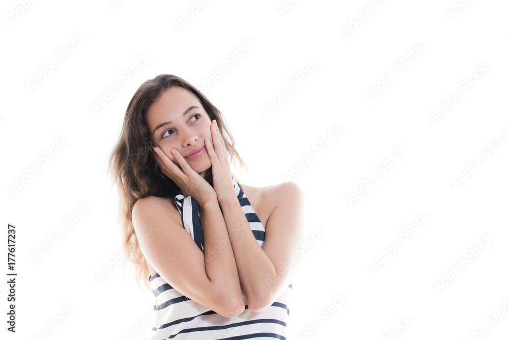 Woman making a choice looking up emotive concept Woman making a choice looking up emotive concept