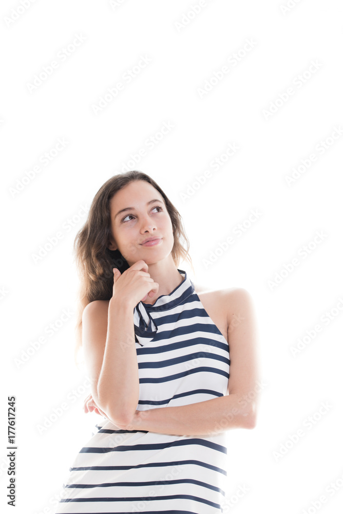 Woman making a choice looking up emotive concept Woman making a choice looking up emotive concept