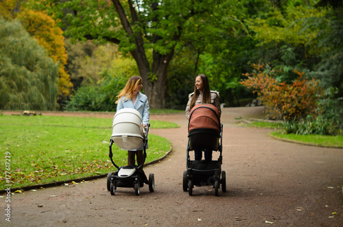 Two happy mothers with their baby strollers walking together in park. Motherhood