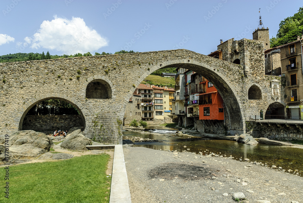 sight of the ancient medieval bridge of the town of Camprodon in Gerona, Spain.