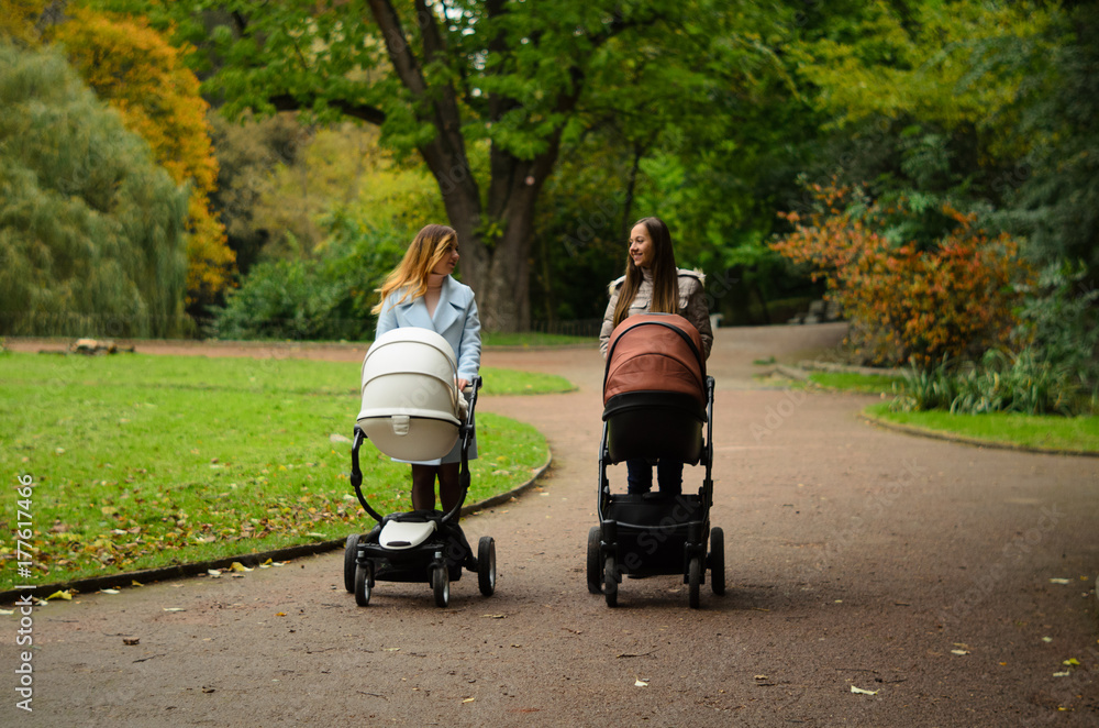 Two happy mothers with their baby strollers walking together in park. Motherhood