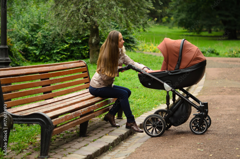Family, child and motherhood concept - happy mother walking with baby stroller in park