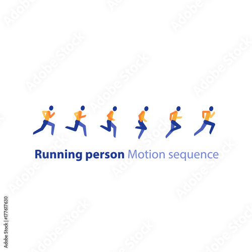 Marathon event, running sequence, runner motion steps, triathlon, vector icon