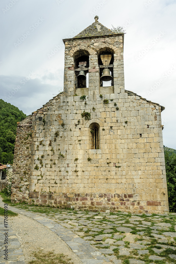 sight of the old Romanesque church of the town of Rocabruna in Gerona, Spain.