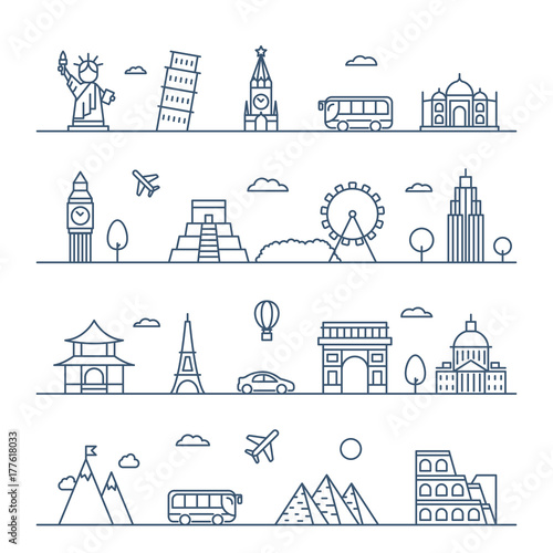 Landmarks vector illustration. Travel, buildings, transport.