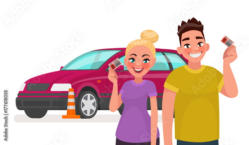 Driving school. Students with a driving license and a training car. Vector illustration