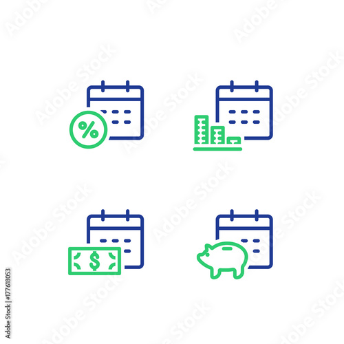 Monthly payment, financial calendar, annual income, piggy bank savings account, money return, asset allocation, long term investment pension fund and superannuation vector icon
