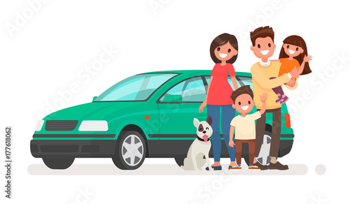 Happy family with a car on a white background. Vector illustration
