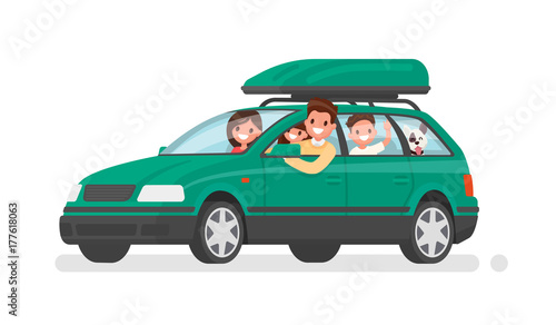 Happy family goes by car on vacation. Father, mother, son, daughter and dog go on a trip. Vector illustration