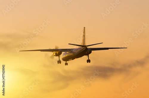 Airplane landing against the backdrop of the sunset sun.
