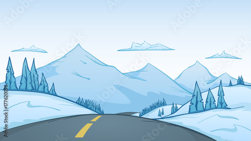 Vector illustration: Hand-drawn cartoon winter landscape with road on foreground and mountains on background.
