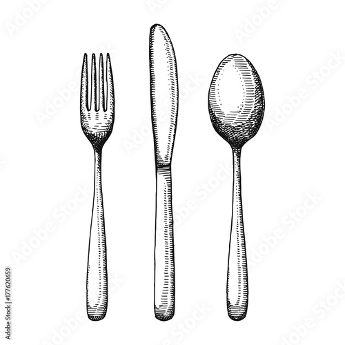 cutlery set sketch. Spoon fork and knife vector. illustration isolated