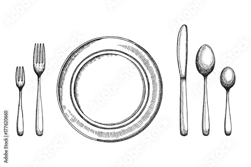 Plate dining room with fork spoons and knife vector sketch. cutlery set. handmade isolated vintage drawing