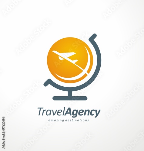 Travel agency logo design idea with globe shape and airplane in negative space